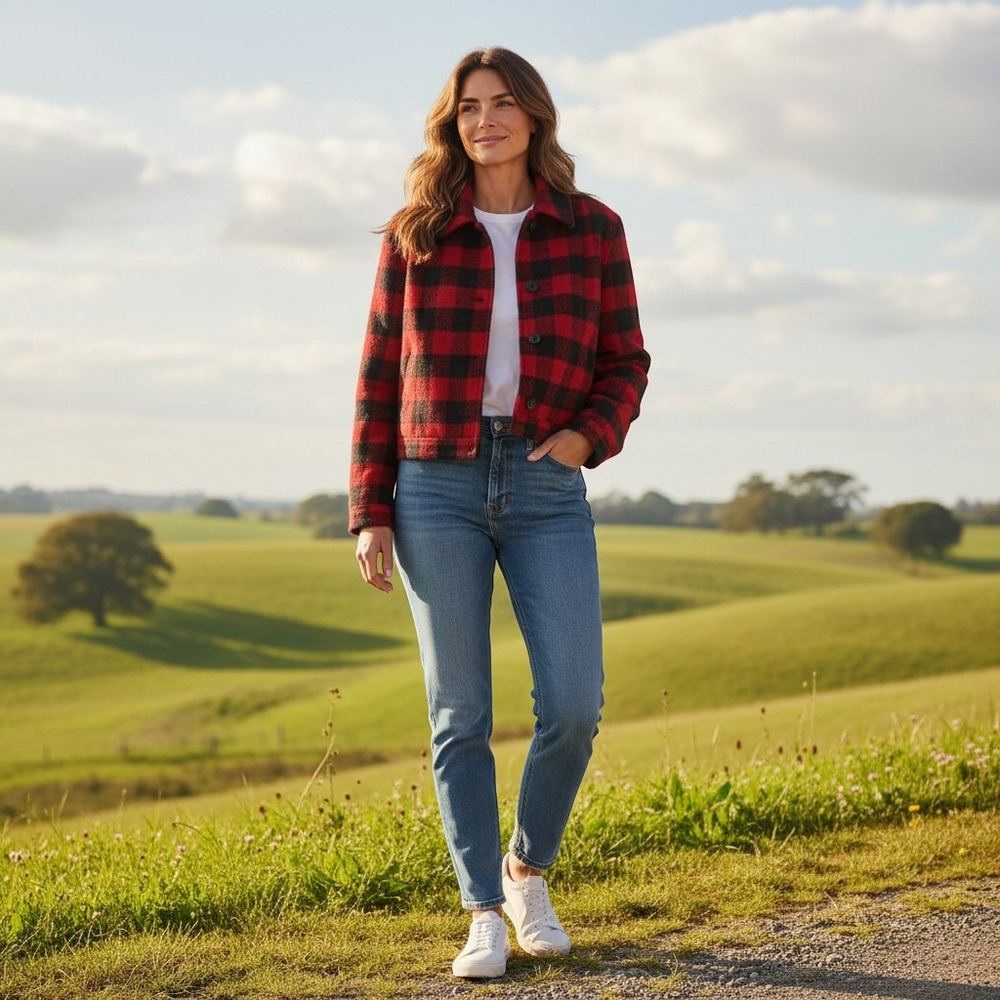 Talbots Collection Red Black Buffalo Plaid Cropped Wool Blend Blazer Jacket SZ 6